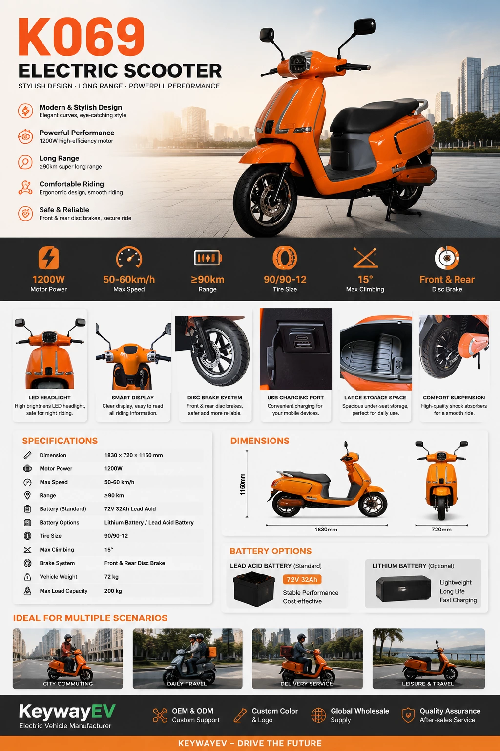K069 U5 1200W motor electric scooter with 72V32Ah lead-acid batteries
