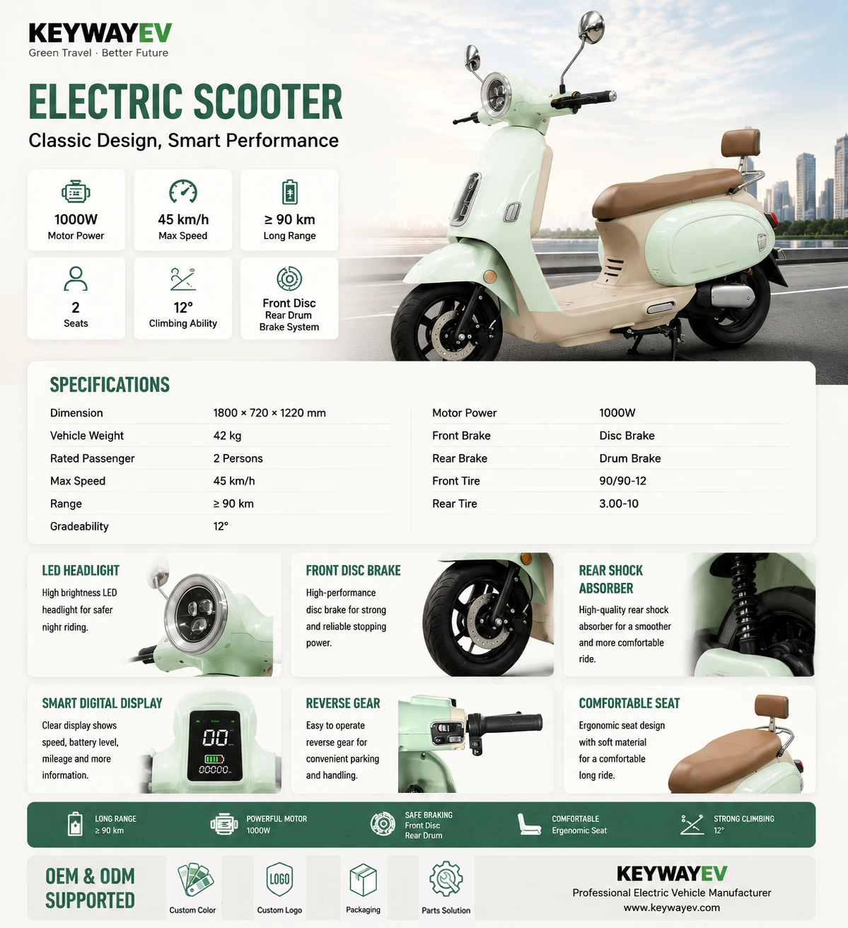 K036 72V 12 inch tires electric scooter 1000W motor