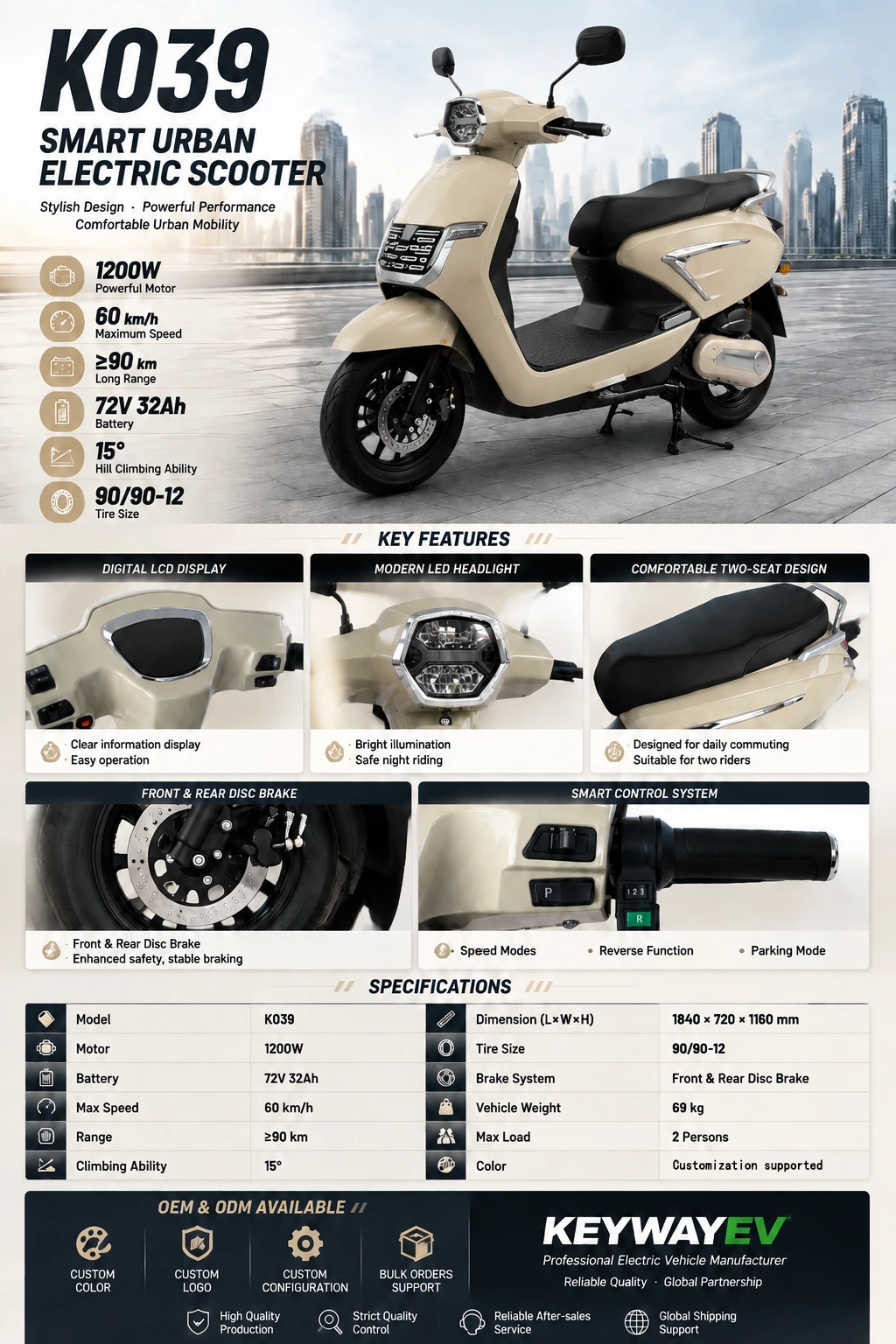 K039 V3 Adult 1000W 2025 New Design Electric Motorcycle 72v Voltage Electric Scooter